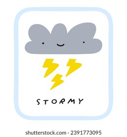 Stormy. Cloud with lightnings. Weather forecast. Kids education. Flat icon. Vector illustration on white background.