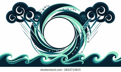 Stormy cloud and swirling wave vortex frame. Ideal for dramatic weather illustrations, marine warnings, or atmospheric designs.