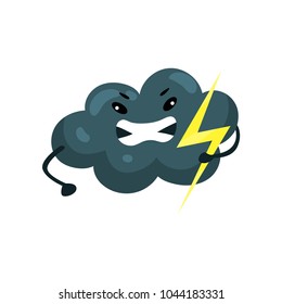 Stormy dark cloud with yellow flash in hand. Emoji with angry face. Weather and sky element. Cartoon flat vector design for sticker, mobile app or print