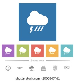 Stormy and downpour weather flat white icons in square backgrounds. 6 bonus icons included.