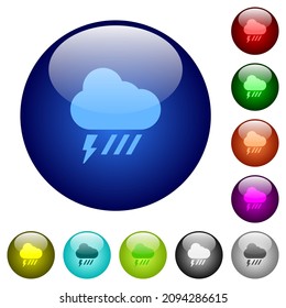Stormy and downpour weather icons on round glass buttons in multiple colors. Arranged layer structure