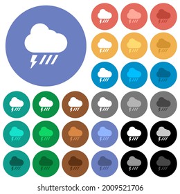 Stormy and downpour weather multi colored flat icons on round backgrounds. Included white, light and dark icon variations for hover and active status effects, and bonus shades.