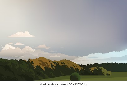 Stormy gray sky. Vector illustration with forest and sky.