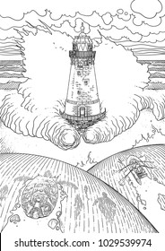 Stormy ocean landscape. Vector illustration with old lighthouse, storm waves and dramatic sky. People in lifeboat and turtle escape from natural disaster. Black and white sketch