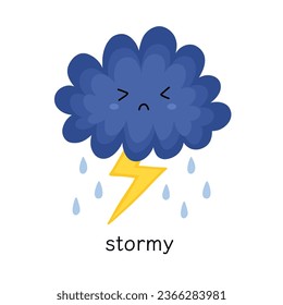 Stormy print for kids with a cute cloud and lightning. Learning weather flashcard for school and preschool. Vector illustration