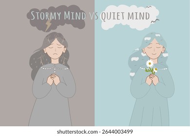 Ilustração de conceito de mente tempestuosa e silenciosa - Consciência de saúde mental, contraste de humor, Estados emocionais Visual para projetos de terapia e aconselhamento