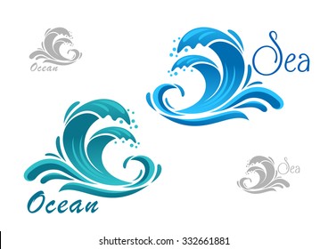 Stormy sea blue waves icon with water splashes and swirling drops, for nature or marine design