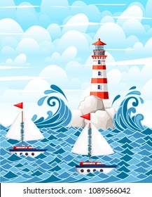 Stormy sea with lighthouse on rock stones island. Small ships on water. Nature or marine design. Flat style. Vector illustration with sky and clouds background.