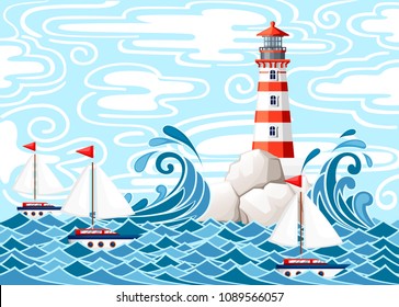 Stormy sea with lighthouse on rock stones island. Small ships on water. Nature or marine design. Flat style. Vector illustration with sky and clouds background.