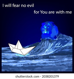 Stormy sea. Realistic wave, boat and lion. Christian text from the Bible. Vector graphics for church.