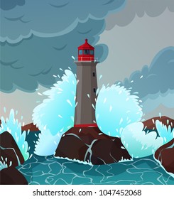 Stormy seaside landscape with waves and lighthouse symbols flat vector illustration