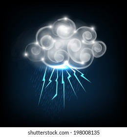 Nube brillante tormentosa con truenos intermitentes en un fondo oscuro. 