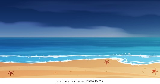 Stormy sky and blue tropical sea landscape vector  background. 