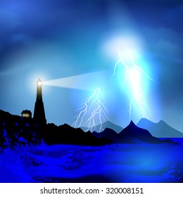 Stormy sky over flooded lighthouse. Vector illustration
