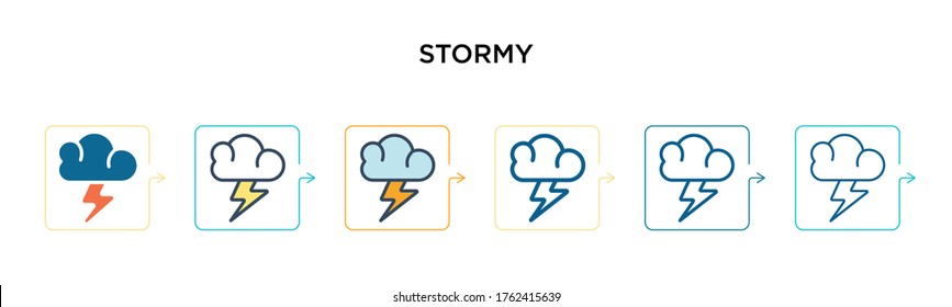 Icono vectorial de tormenta en 6 estilos modernos diferentes. Iconos de trama negros, de dos colores diseñados en el estilo relleno, contorno, línea y trazo. La ilustración vectorial se puede usar para web, móvil, ui