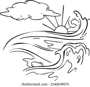 ondas tormentosas y cielo con la nube y la mano del sol dibujar ilustración vectorial