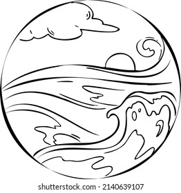 ondas tormentosas y cielo con la nube y la mano del sol dibujar ilustración vectorial