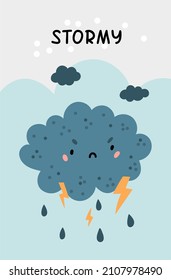 Stormy weather. Angry cloud character with lightning in cute doodle style