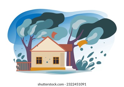 Stormy weather, bad meteorological conditions in villages or rural areas. Strong wind blowing and tearing building roof, trees and artificial constructions. Vector in flat style illustration