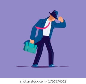 Stormy weather or barriers in business and difficulty moving forward metaphor. Businessman resisting strong wind. Isolated on purple. Flat Art Vector Illustration