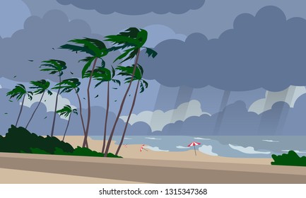 stormy weather beach landscape with palms sea waves  cloudy sky