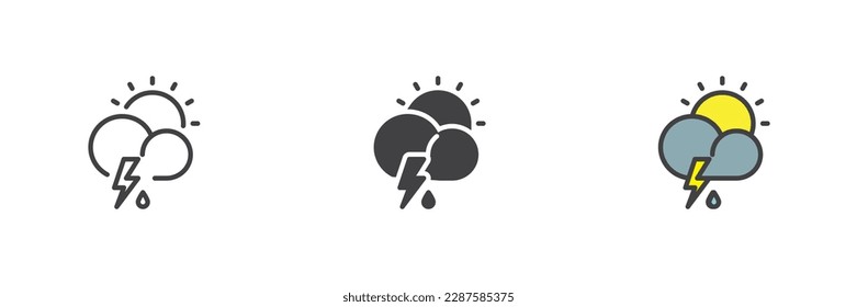 Fijación de iconos de diferentes estilos para el tiempo de tormenta. Versión colorida de línea, glifo y contorno relleno, nube con contorno de trueno y sol y signo vectorial relleno. Símbolo, ilustración del logotipo. Gráficos vectoriales