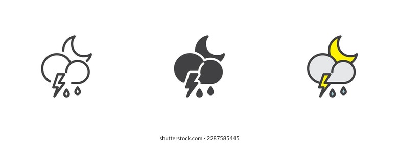 Stormy weather different style icon set. Line, glyph and filled outline colorful version, thunderstorm moon and cloud outline and filled vector sign. Symbol, logo illustration. Vector graphics