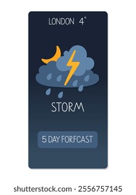 Stormy weather forecast for London indicating rain and lightning with a chilly temperature