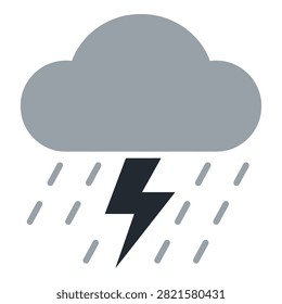 Stormy weather icon with rain and lightning, gray cloud, dark bolt, rainy day symbol