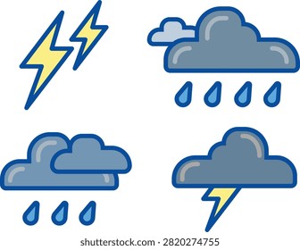 Stormy weather icon set with lightning thunder rain drops and dark cloud elements