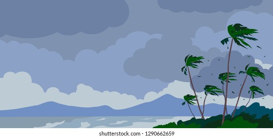 stormy weather landscape with palms sea waves mountain cloudy sky