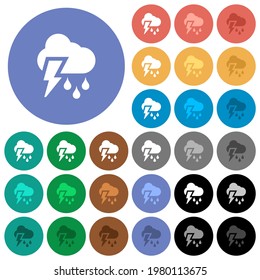 Iconos planos multicolores del clima tormentoso sobre fondo redondo. Se incluyeron variaciones de iconos blancos, claros y oscuros para efectos sobre el estado activo y sobre el estado activo, y tonos extra.