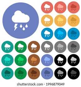 Iconos planos multicolores del clima tormentoso sobre fondo redondo. Se incluyeron variaciones de iconos blancos, claros y oscuros para efectos de movimiento y estado activo, y tonos extra.