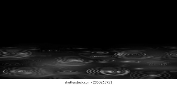 Stormy weather, rainfall and downpour, realistic illustration. Droplets traces on rainwater puddle. Flood and deluge, rain circles and shapes on surface of water. Bad climate conditions