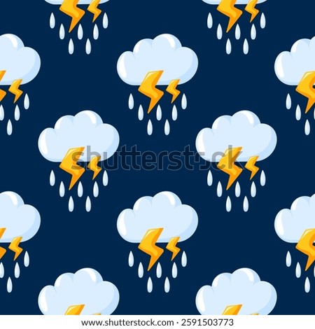 Stormy weather seamless pattern with rain cloud, lightning bolt and dark background in cartoon style. Design for nursery, forecasts, wallpaper and children print.