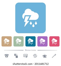 Stormy weather white flat icons on color rounded square backgrounds. 6 bonus icons included