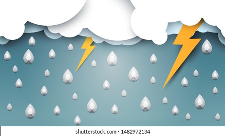 Stormy white clouds with lightning and raindrops. Cartoon composition in paper cut style. Vector illustration.