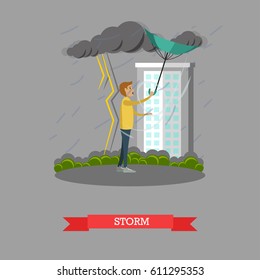 Stormy, windy and rainy weather concept vector illustration. Young man caught in heavy rain with thunderstorm and lightning, flat style design.