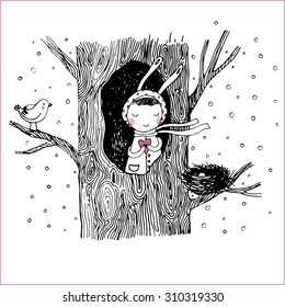 The story about a bunny, tree, hollow, nest, bird and heart. Hand drawn vector illustration.