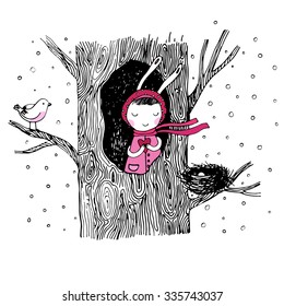 The story about a bunny, tree, hollow, nest, bird and heart. Hand drawn vector illustration.