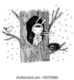 The story about a bunny, tree, hollow, nest, bird and heart. Hand drawn vector illustration.
Coloring book.