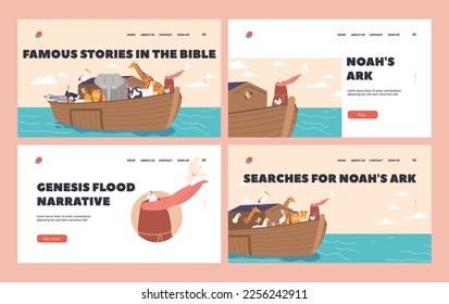 Story about Genesis Flood Landing Page Template Set. Noah Character on Large Ship with Saved Animal Life. Cleansing of Earth and Preservation of Humanity. Cartoon People Vector Illustration