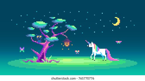 The story about one cute unicron and magic tree. Pixel art vector illustration.