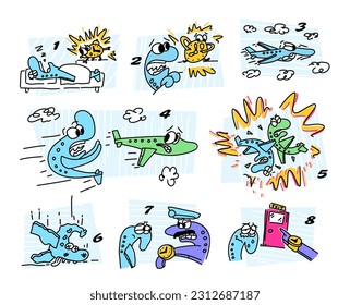 The story of the adventure of airplanes. The plane character overslept for work. Crashed and fell. The boss fired pointing his finger at the door. Cartoon flat illustration.