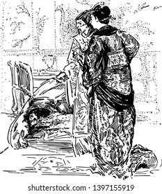 The Story of Aladdin this scene shows two standing men and one man falling down on ground vintage line drawing or engraving illustration 