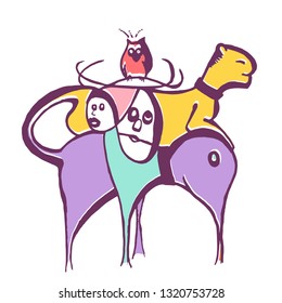 Story of animals, hand drawn cute green deer, purple elephant, yellow tiger and a pink owl