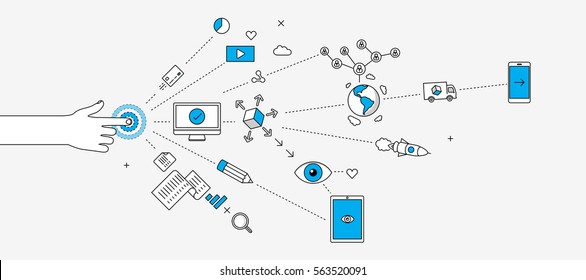 A story behind single click website banner. Small tap, big impact. Modern illustration in linear style infographics.