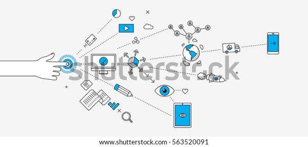 シングルクリックのウェブサイトバナーの背景にあるストーリー 小さなタップで大きなインパクト リニアスタイルのインフォグラフィックスを使用した最新の イラスト のベクター画像素材 ロイヤリティフリー