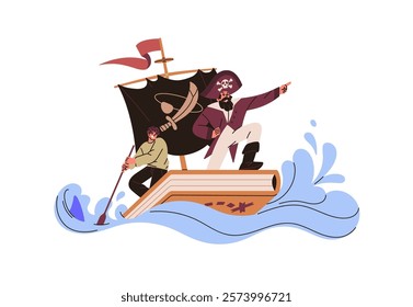 Story book about magic adventures of pirate. Novel about mystic sea travel, floatings on ocean waves. Concept of reading fiction literature. Flat isolated vector illustration on white background