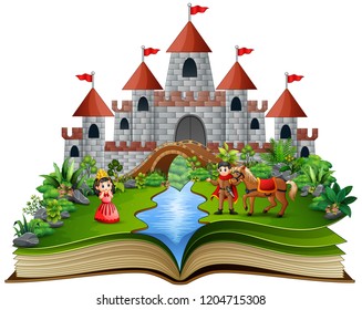 Story book with cartoon princesses and princes in front of a castle